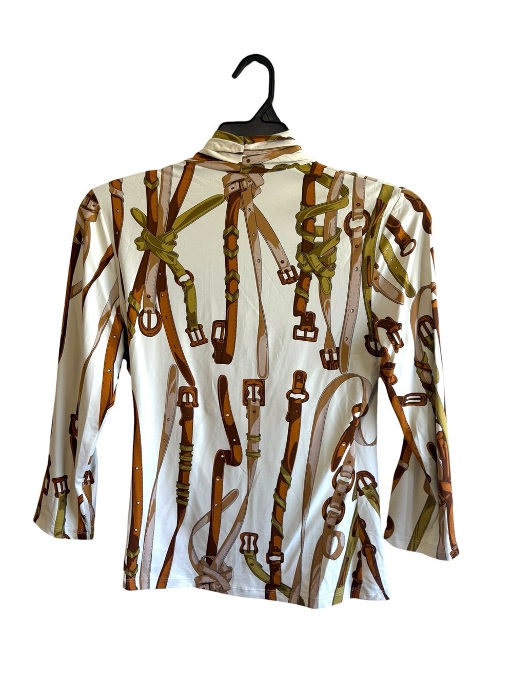 J. McLaughlin Size Small White Tan Equestrian Print Faux Wrap Top Preppy Classic - Picture 2 of 6